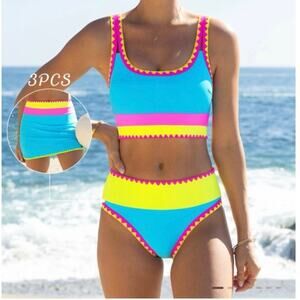 POPVIL 3 Piece Neon High waist Swim Bikini Skirt Large